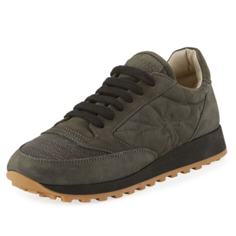Brunello Cucinelli dark gray and Black Suede Athletic Sneaker with Gum Sole